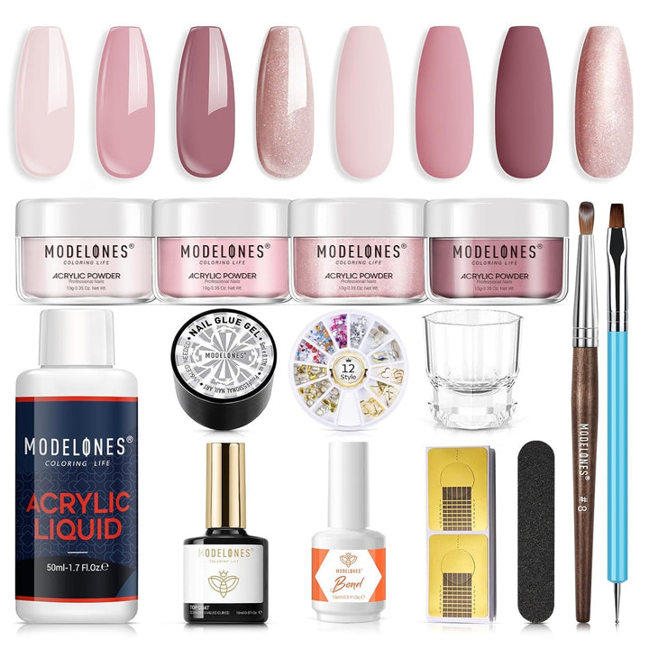 Acrylic Nail Kit: Clear White Pink Acrylic Powder and Liquid Set with Gel Nails Glue, Brushes, 11Pcs Set for Beginner