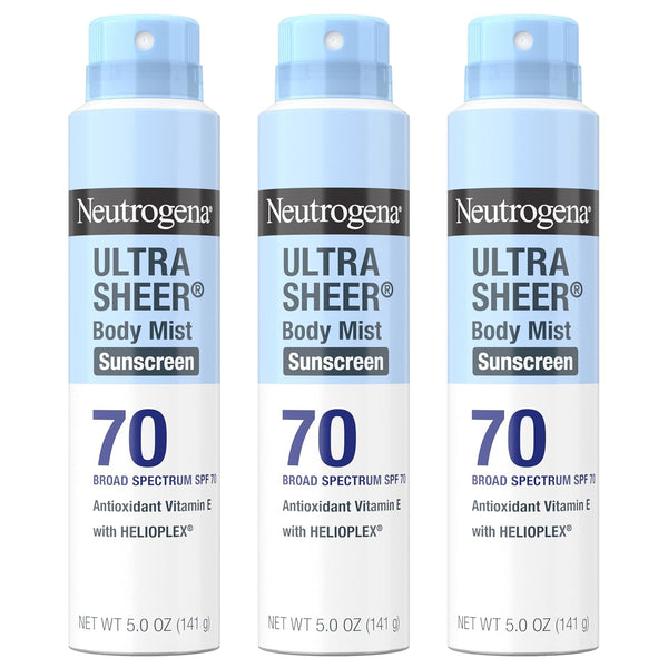 Ultra Sheer Body Mist Sunscreen Spray, Broad Spectrum SPF 70, Lightweight Spray Sunscreen, Non-Greasy & Water Resistant, Oil-Free & Non-Comedogenic UVA/UVB, 5 Oz, Pack of 3