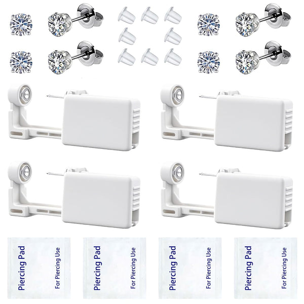 Ear Piercing Kit, Disposable Ear Piercing Gun Preloaded CZ Earring Studs, Body Piercing Kits for Your Own Use at Home (Silver)