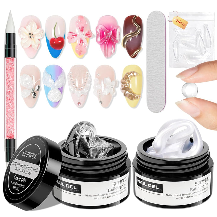 3D Nail Art Gel Clear and White Solid Builder Gel for Nails Non-Stick Hand Sculpture Hard Gels with Dual Form for Carving Patterns Decoration Nail Art Home Manicure DIY for Women