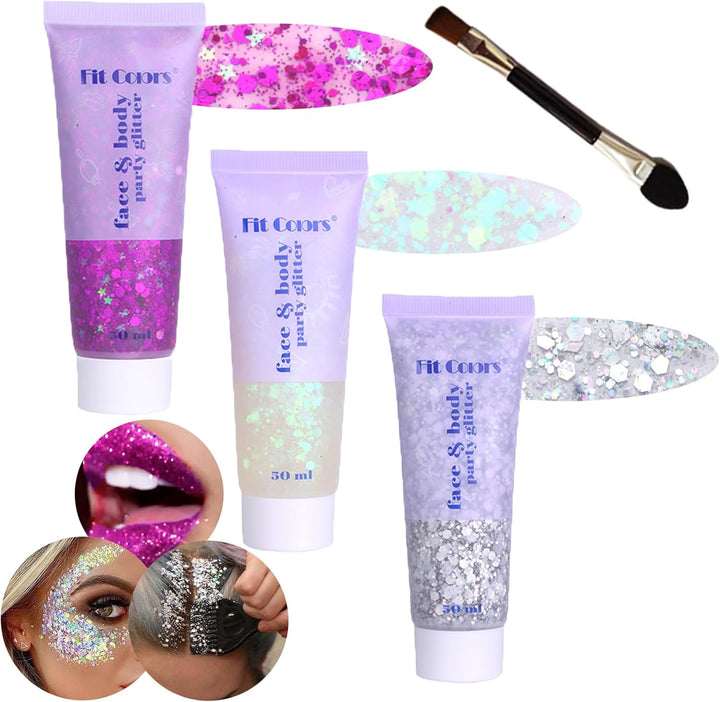 Body Glitter Face Glitter Gel: Singer Concerts Disco Festival Rave Accessories Face Glitter Makeup 150Ml Chunky Sequins Mermaid Face Body Hair Glitter Gel (White&Silver&Pink)