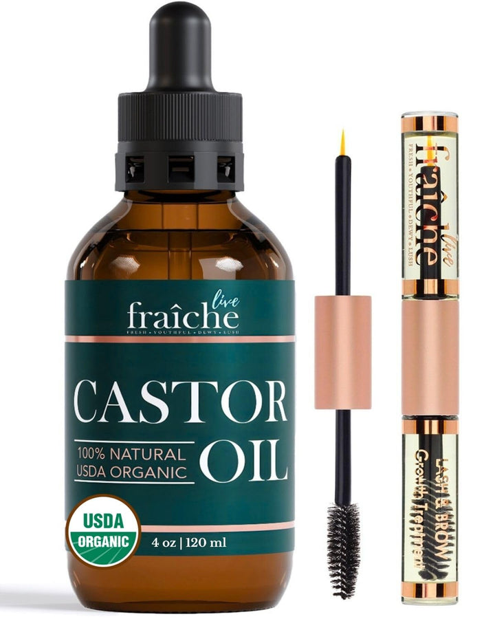 Organic Castor Oil Lash Serum for Hair Growth, 100% Pure Eyebrow Eyelash Growth Serum, Cold Pressed Hexane Free (2Oz Glass Bottle + FILLED Mascara Tube)