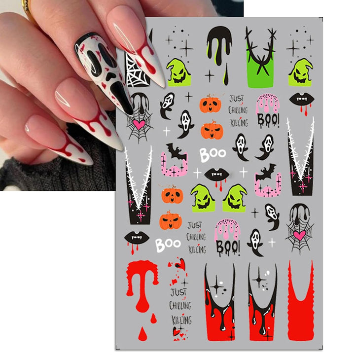 Halloween Nail Art Stickers, Gradient Pumpkin, Horror Mask Nail Decals, 3D Self-Adhesive Spider-Web Bat Design for DIY Nail Supplies Decoration (5 Sheets)
