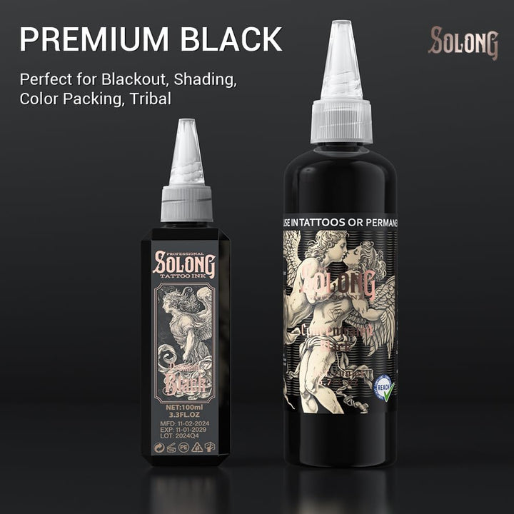 Tattoo Ink,Solong S Series 3.4Oz(100Ml) Professional Black Tattoo Ink for Outlining,Shading and Blending-Premium Black Tattoo Supplies,Ti303S-100-031