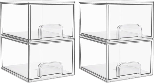 4 Pack Small Clear Stackable Storage Drawers,Acrylic Bathroom Makeup Organizer,Plastic Storage Bins for Vanity, Undersink, Kitchen Cabinets, Pantry, Home Organization
