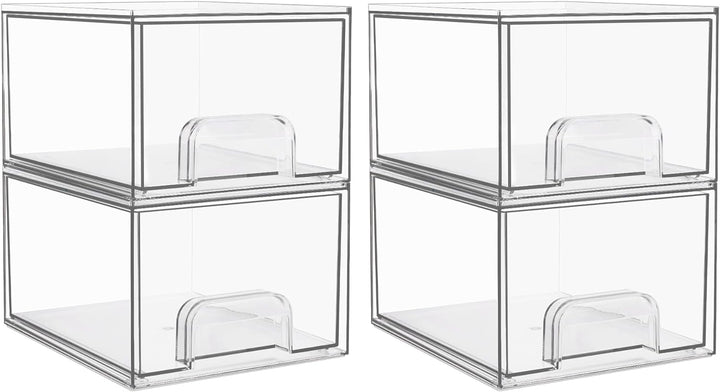 4 Pack Small Clear Stackable Storage Drawers,Acrylic Bathroom Makeup Organizer,Plastic Storage Bins for Vanity, Undersink, Kitchen Cabinets, Pantry, Home Organization