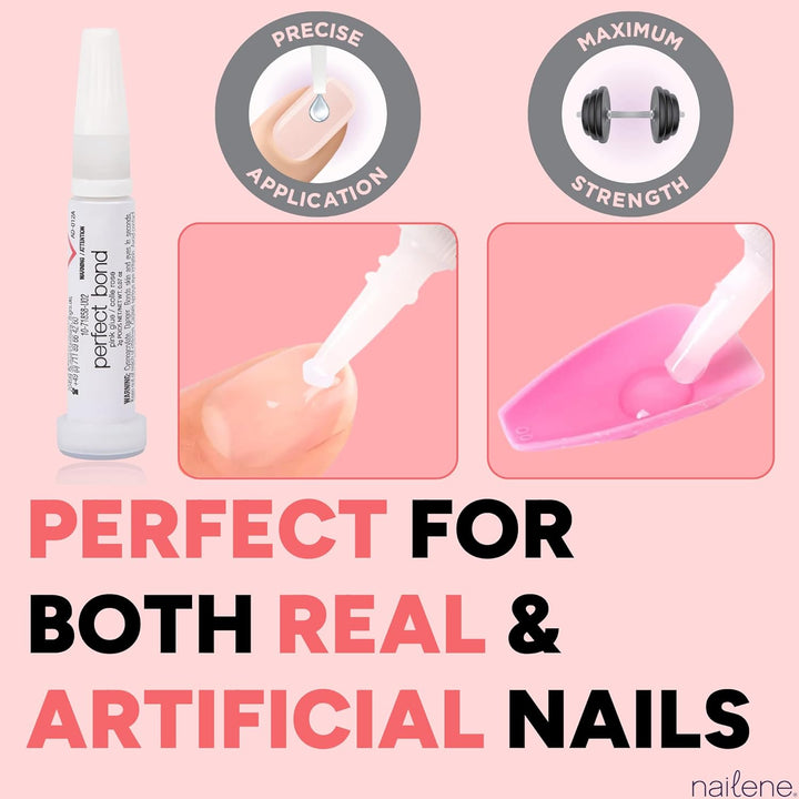 Perfect Bond Nail Glue, Super Strong, Durable, Easy to Apply Acrylic Nails, Press on Nails, Repairs Natural Nails, Quick Drying Nail Adhesive, Lasts 7 Days, Pink Tint, 2 G/0.07 Oz, 2 Pack