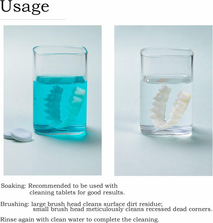 Denture Brush 4Pcs Denture Toothbrushes，Denture Cleaning Care Cleaning Brush ，Double Sided Toothbrush，Multi-Layered Bristles and Rubber Anti-Slip Handle (Purple, Green, Blue, Orange)