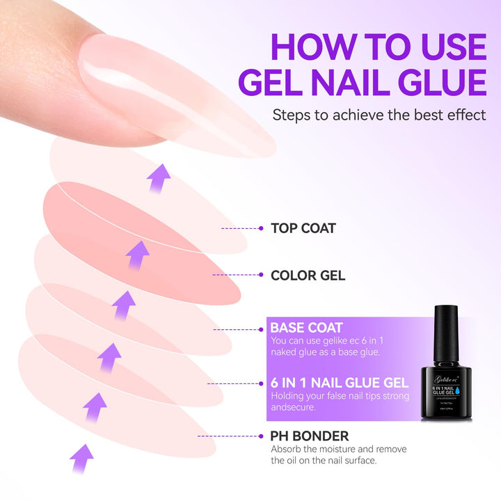 Gel Nail Glue for Press on Nails: 6 in 1 Strong UV Nail Glue for Nail Tips and Acrylic Fake Nail - Long Lasting 28 Days Quick Dry - Beginner Friendly DIY for Home Salon