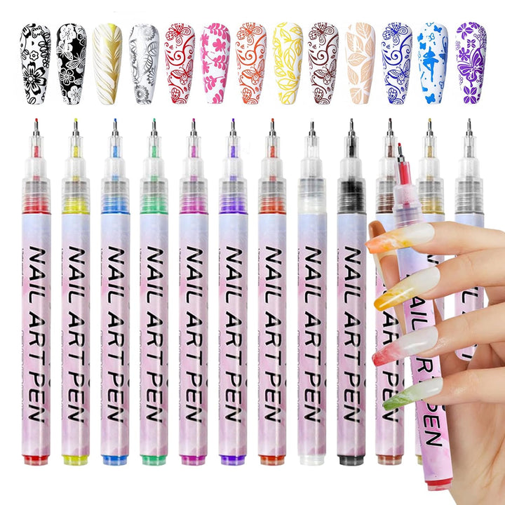 12 Color Nail Art Pens, 0.5 MM Nail Polish Pens Set Drawing Painting Point Liner Acrylic Painted Pen Kit, Waterproof and Quick-Drying Nail for DIY Nails Art Design Manicure Tools