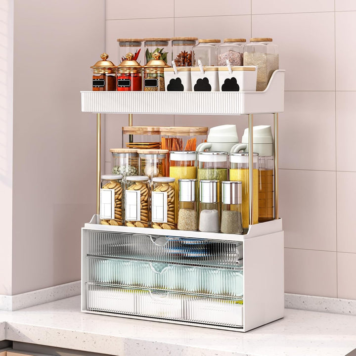 5 Tiers Bathroom Counter Organizer - 3 Drawers Makeup Organizer, Cosmetic Storage Drawer for Dresser Countertop and Bathroom Vanity for Large Skincare, Perfume, Clear