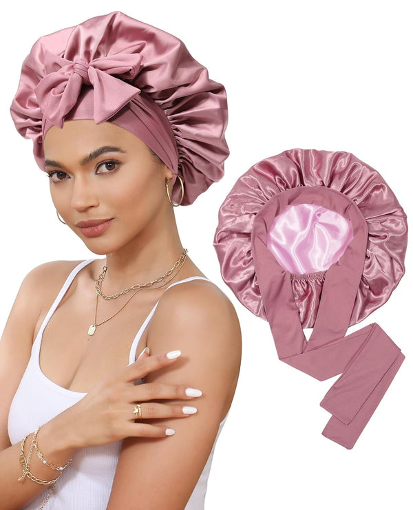 Satin Bonnet for Sleeping Cap Double Layer Hair Bonnet with Elastic Tie Band for Curly Hair Night Cap (Bean Paste + Pink)