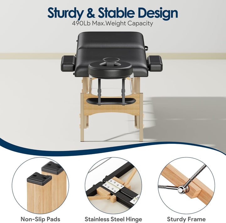 Massage Table Portable Wooden Lash Bed 24" Wide Adjustable Height 2-Fold Spa Table Foldable Tattoo Bed (Black)