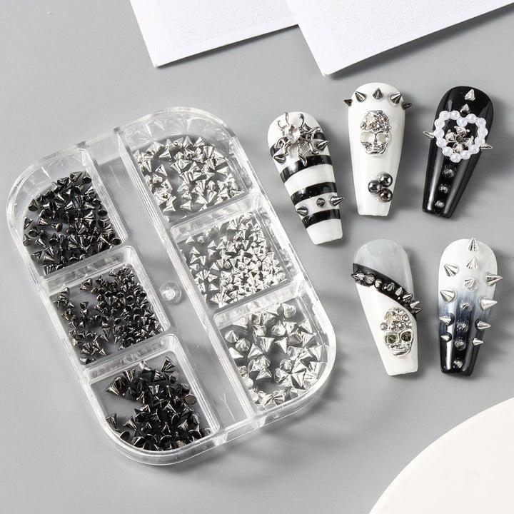 3D Mini Metal Punk Nail Art Studs Mixed Sizes Gold Black Cone Spikes Alloy Rivets Jewelry Steel Balls Jewels for Women Goth Manicure Charms Accessories DIY Crafts Decorations