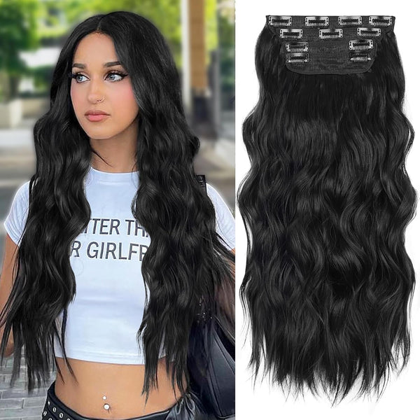 Clip in Long Wavy Synthetic Hair Extension 24 Inch Black 4PCS Thick Hairpieces Fiber Double Weft Hair for Women