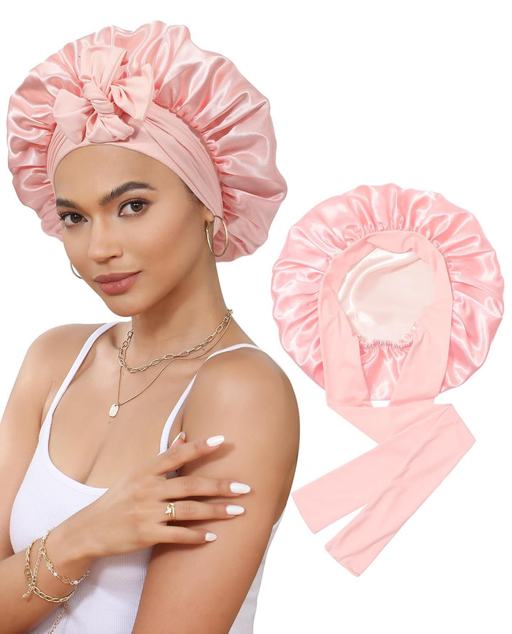 Satin Bonnet for Sleeping Cap Double Layer Hair Bonnet with Elastic Tie Band for Curly Hair Night Cap (Bean Paste + Pink)