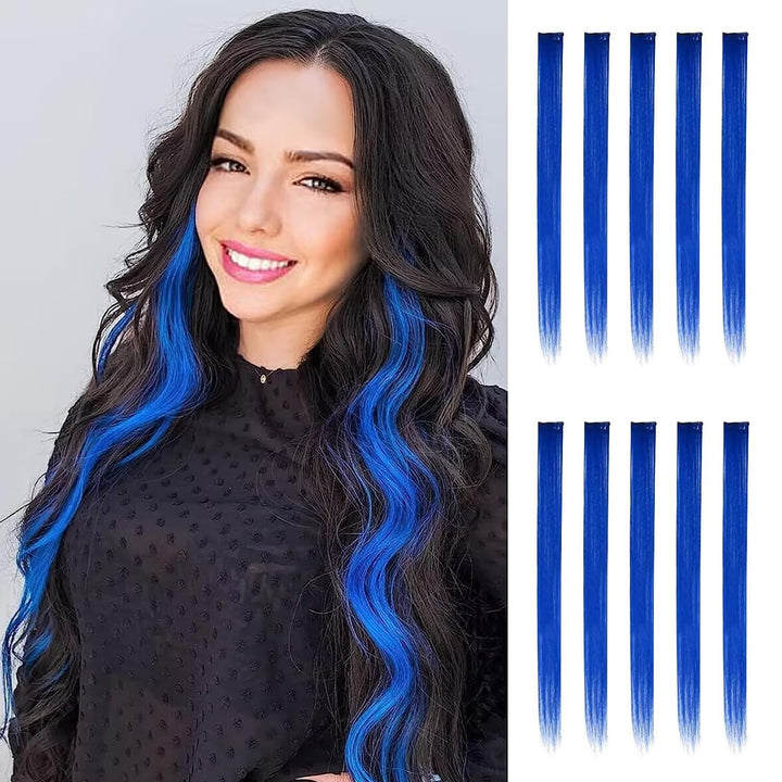 Colored Clip in Hair Extensions - 10 PCS Skyblue Light Blue Highlighted Hair Piece Straight Synthetic Clip in Hairpieces for Women 22 Inch