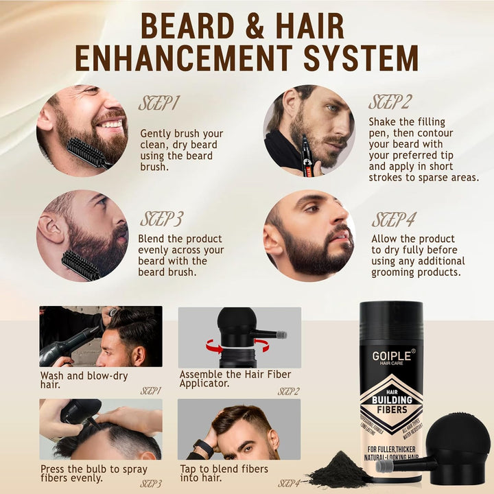 Beard Pencil Filler for Man Water Proof Beard Pen & Beard Brush Long Lasting Coverage Natural Finish - Black Hair Fiber Enhancements Barber Spray - Male Mustache Repair Shape Enhance Card Facial Hair