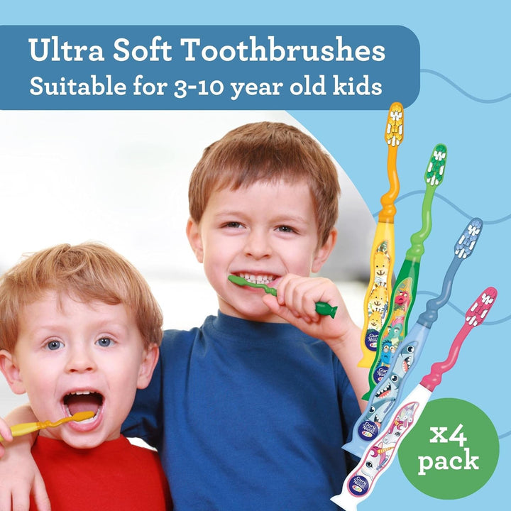 Kids Toothbrush with Suction Cup & Fun Animal Designs - Soft Bristles for Healthy Gums- Non-Slippery & Mess-Free Toothbrush, 3+ Age- 4 Count