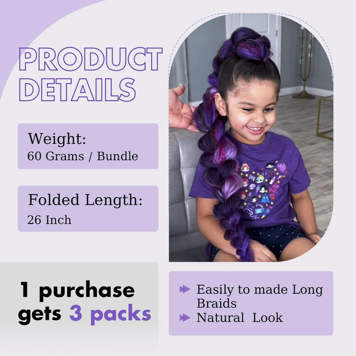 26 Inch Long Purple Braiding Hair Pre Stretched Synthetic Braiding Hair Extensions for Braids, Purple Hair Extensions for Stage Party Halloween Costume Cosplay