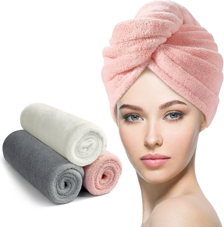 3 Pack Hair Drying Towels, Hair Towel with Button, Super Absorbent Microfiber Hair Towel for Curly Hair, Fast Drying Hair Wraps for Women Girls, Microfiber Towel for Hair