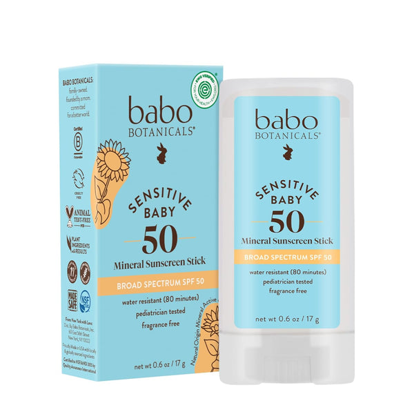 Babo Botanicals Sensitive Baby Mineral Sunscreen Stick SPF 50-70% Organic Ingredients - Zinc Oxide - NSF & Made Safe Certified - EWG Verified - Water Resistant - Fragrance-Free - for Babies & Kids
