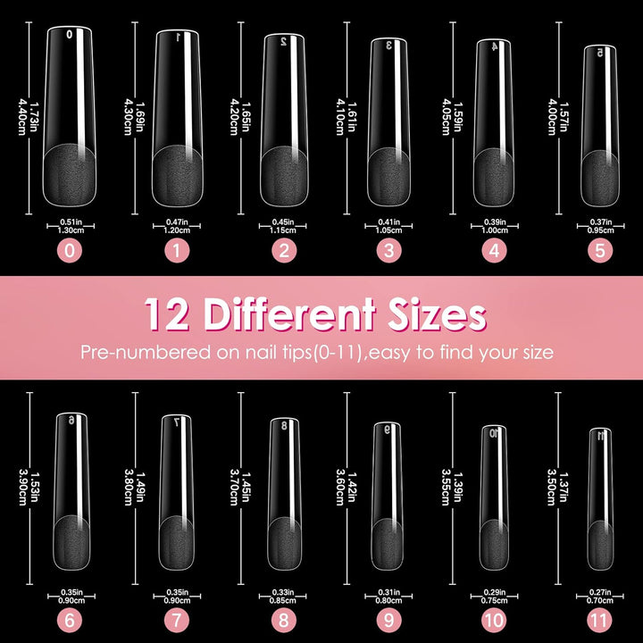 Long Straight Nails Tips,240Pcs Full Cover Soft Gel Nail Tips for Acrylic Nails Professional 12 Size Pre-Shaped XXL Straight Shape False Nail Half Matte Fake Nail for Press on Nail Extensions