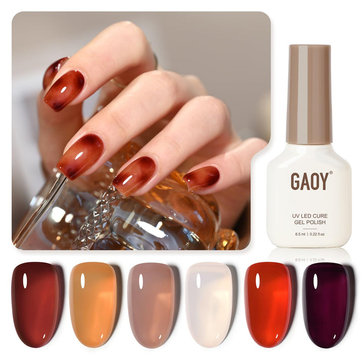 Rose Garden Jelly Gel Nail Polish of 6 Transparent Nude Red Pink Brown Colors Sheer Gel Polish Kit for Salon Manicure and Nail Art DIY at Home