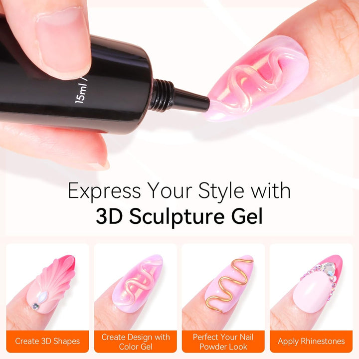 3D Gel Nail Art, Sculpting Gel Glue for Drawing, Molding, Sculpture, Gems and Decoration, No Wipe Clear Gel Polish for DIY Nail Designs, 15G