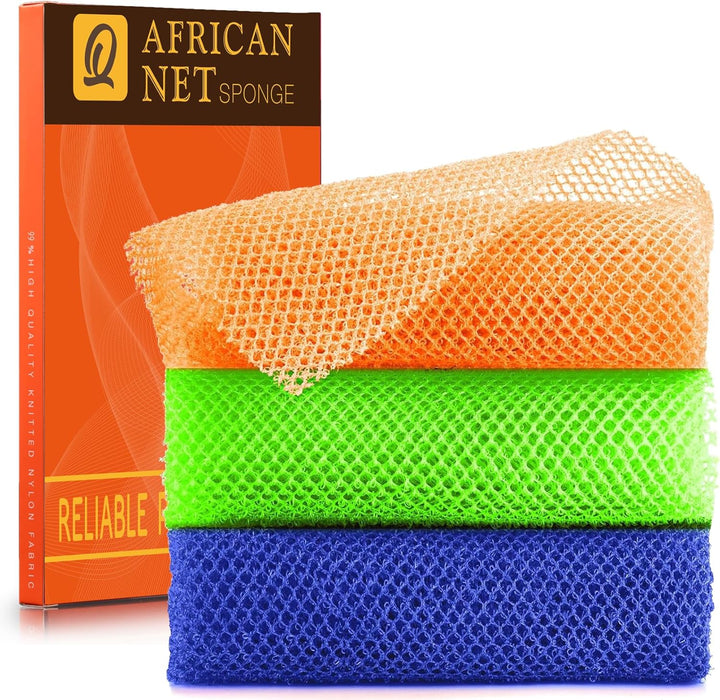3 Pieces African Bath Sponge African Net Long Net Bath Sponge Exfoliating Shower Body Scrubber Back Scrubber Skin Smoother,Great for Daily Use (Pink,Yellow,Purple)