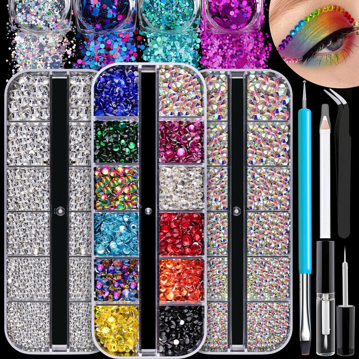Flat Back Rhinestone Kits Colorful Rhinestones+Crystal Ab&Transparent White Face Gems Nail Gem with Quick Dry Makeup Glue+Picker Pencil+Tweezer for Bedazzling Face Makeup and Nail Art