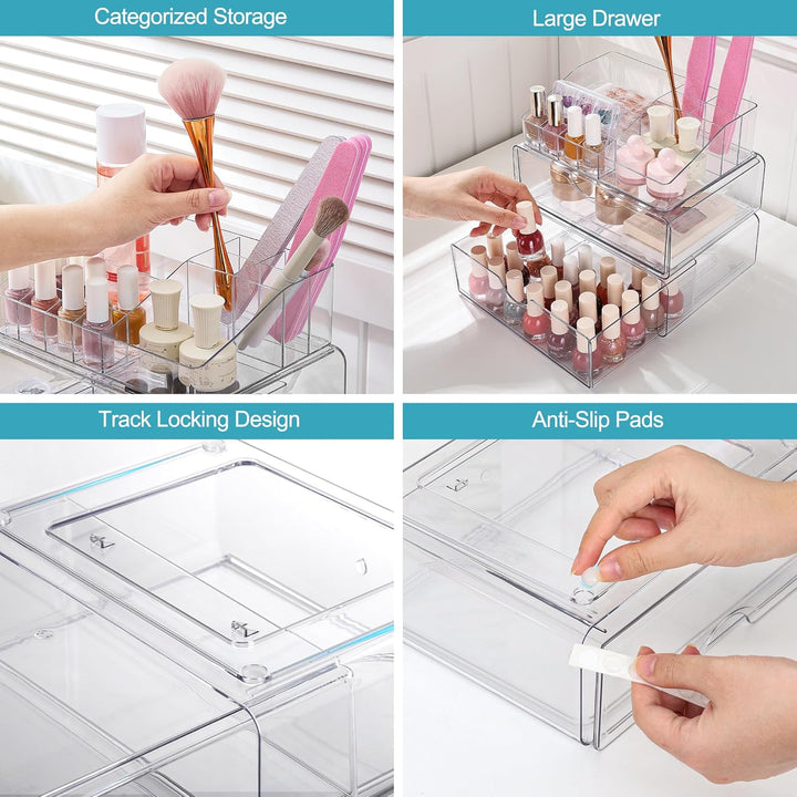 3 Tier Clear Makeup Organizer with Drawer, Cosmetic Storage for Dresser Countertop and Bathroom Vanity, Beauty Holder for Lipstick Brush Skincare