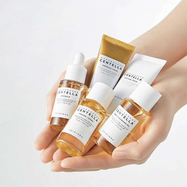 Madagascar Centella Travel Kit, Toner, Ampoule, Soothing Cream, Cleansing Oil, Ampoule Foam, Basic Skincare Trial Kit Box , Gift Sets for Mom, Women & Mothers Day, Compact Size