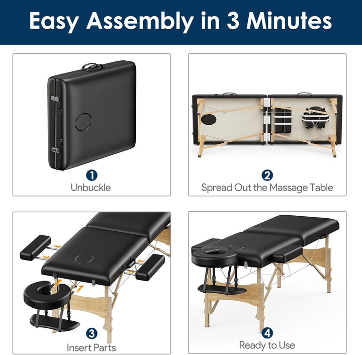 Massage Table Portable Wooden Lash Bed 24" Wide Adjustable Height 2-Fold Spa Table Foldable Tattoo Bed (Black)