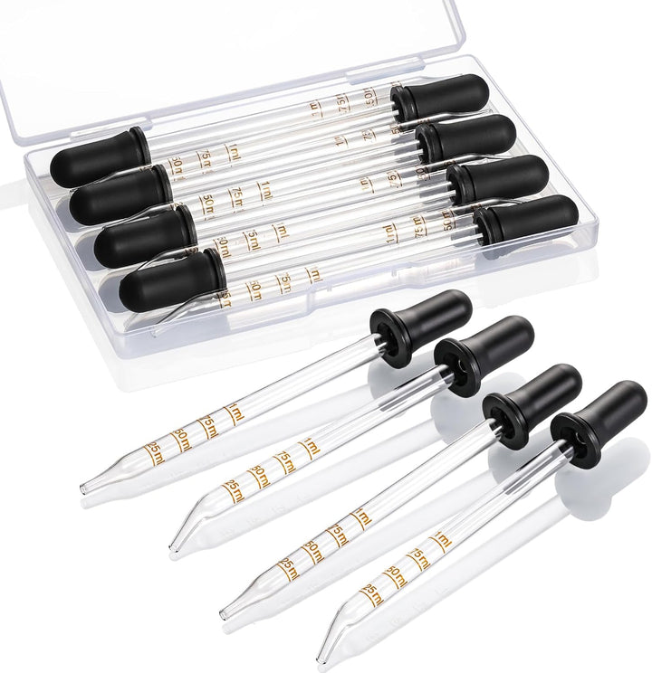 4 Pack, 1 Ml Glass Eye Dropper with Measurement - Long & Short, Bent & Straight Tip Calibrated Glass Medicine Droppers, Accurate Dose Pipette Dropper for Essential Oils, Feeding, Ear, Lab, Health Care