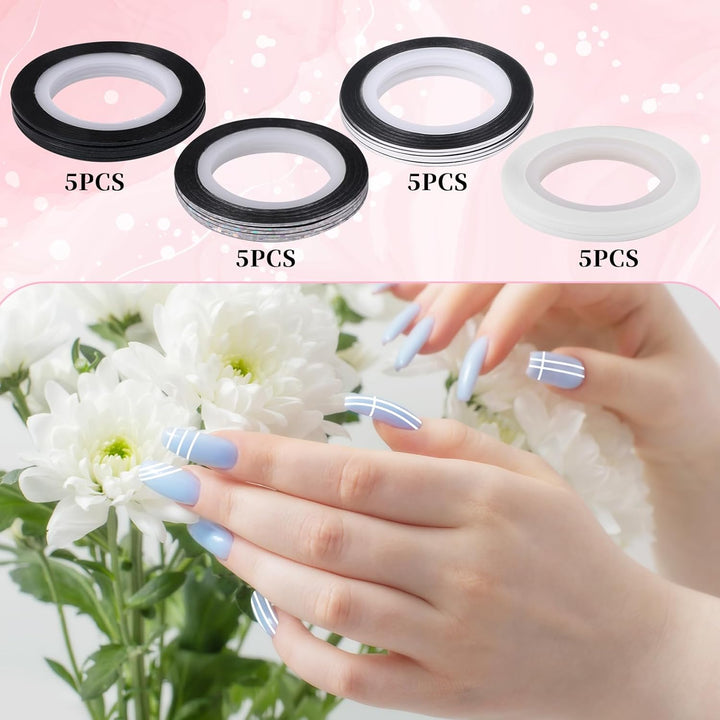 Glitter Nail Tape, 20 PCS Nail Tape for Nail Art Nail Striping Tapes Silver Gold Nail Stickers Self Adhesive Gold Nail Art Line Pinstripe Tapes Decoration Strips for DIY Design Nail Tools (1Mm)