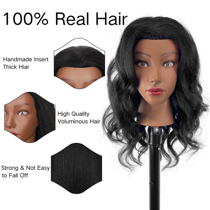 18"  Mannequin Head Human Hair with Tripod Set, 100% Real Hair Cosmetology Manikin Doll Head for Hairdresser Practice Braiding with Tripod Set and Tools