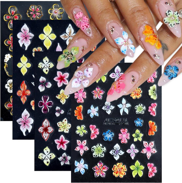 5D Embossed White Flowers Nail Stickers, 5 Sheets Self-Adhesive Floral Nail Decals, Spring Rose Butterfly Nail Art, 3D Acrylic Flowers for Manicure Decor