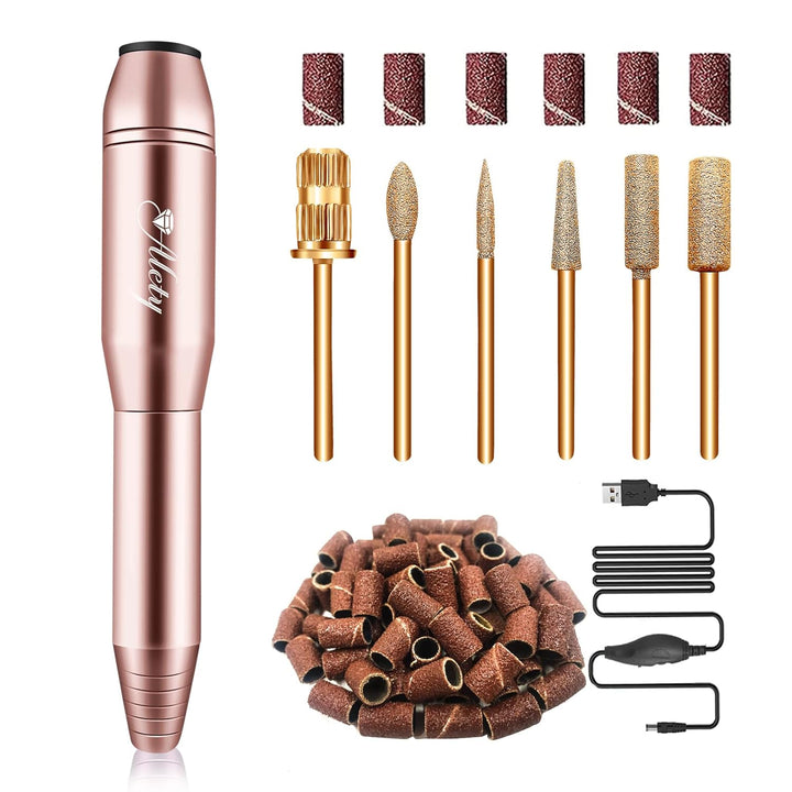 Electric Nail Drill Kit - Portable File for Acrylic Gel Nails, Professional Machine Efile Manicure Pedicure Tools with Gold Drill Bits for Home Salon Use