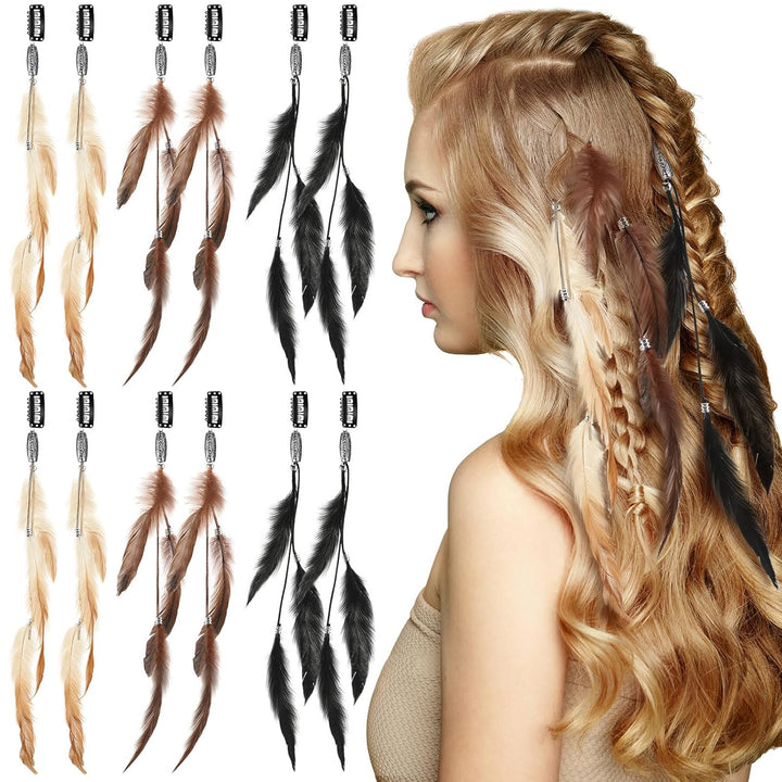 12 Pcs Clip in Hair Feathers Extensions for Women Colored Boho Feather Hair Clips Halloween Cosplay Costume Carnival Party Headdress Accessory Gifts(Brown, Black, Dark Coffee,Standard)