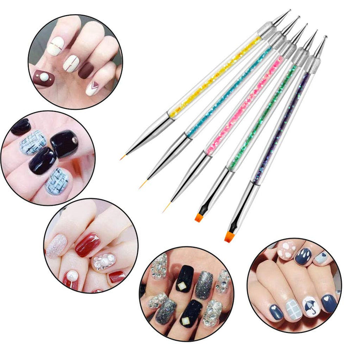 Nail Art Brushes,5Pcs Double Ended Brush & Dotting Tool Kit,Including Nail Liner Brush and Nail Dotting Pens for Nail Art Nail Salon