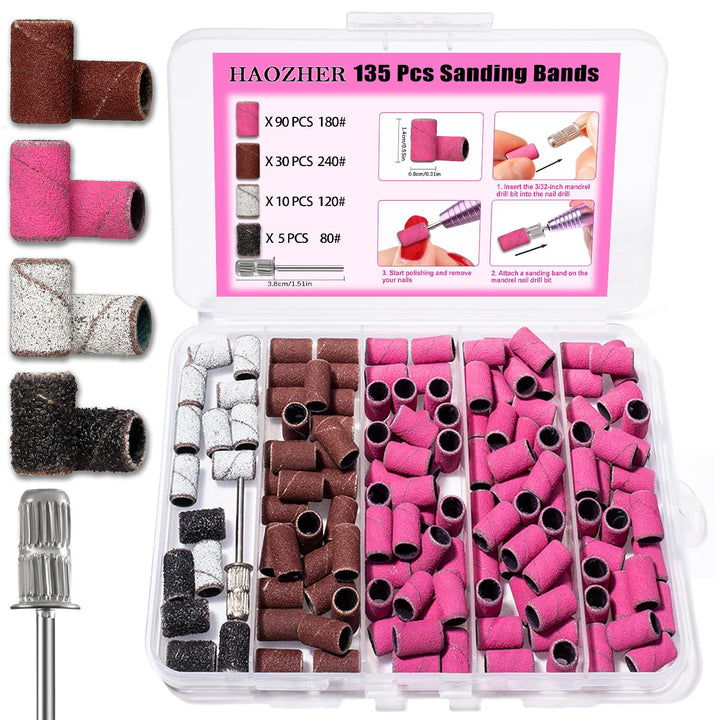 Nail Drill Bits, 135 Pcs Sanding Bands for Nail Drill, Nail Tips for Drill Bits Nail Tech, Mix 80#120#180#240# Fine Grit File Sanding Bands for Acrylic Gel Manicures Pedicure