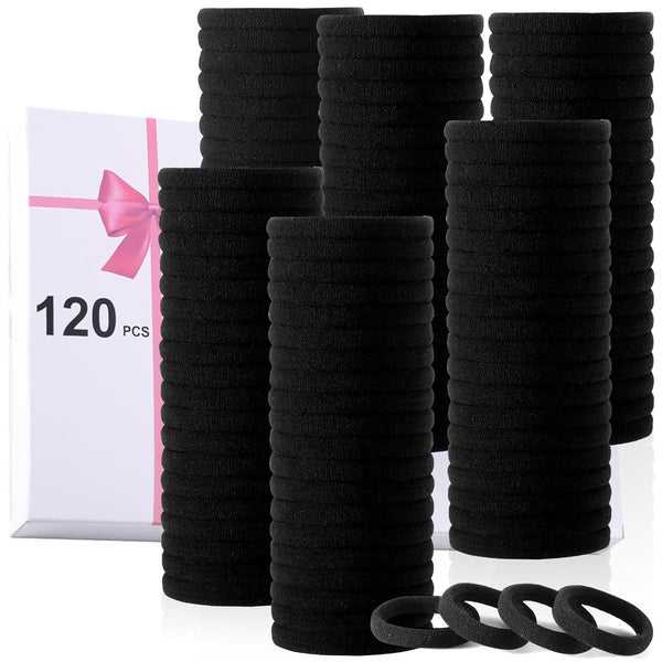 120PCS Black Hair Ties for Thick Hair – Seamless No Damage Elastic Ponytail Holders, Black Hair Band,Bulk Nylon Hair Elastics for Women