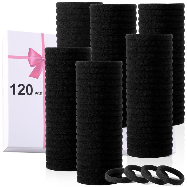 120PCS Black Hair Ties for Thick Hair – Seamless No Damage Elastic Ponytail Holders, Black Hair Band,Bulk Nylon Hair Elastics for Women