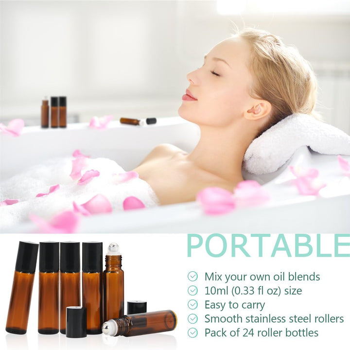 24Pack, 10Ml Roller Bottles for Essential Oils - Amber, Glass with Stainless Steel Roller Balls (3 Extra Roller Balls, 54 Pieces Labels, Opener, Funnel, Dropper, Brush Included)