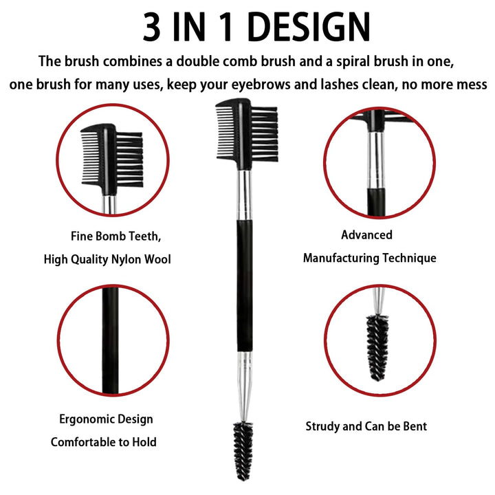 2PCS Eyebrow Eyelash Brush 3 Head Eyelash Comb Double Head Brush Makeup Grooming Tool Cosmetic (Black)