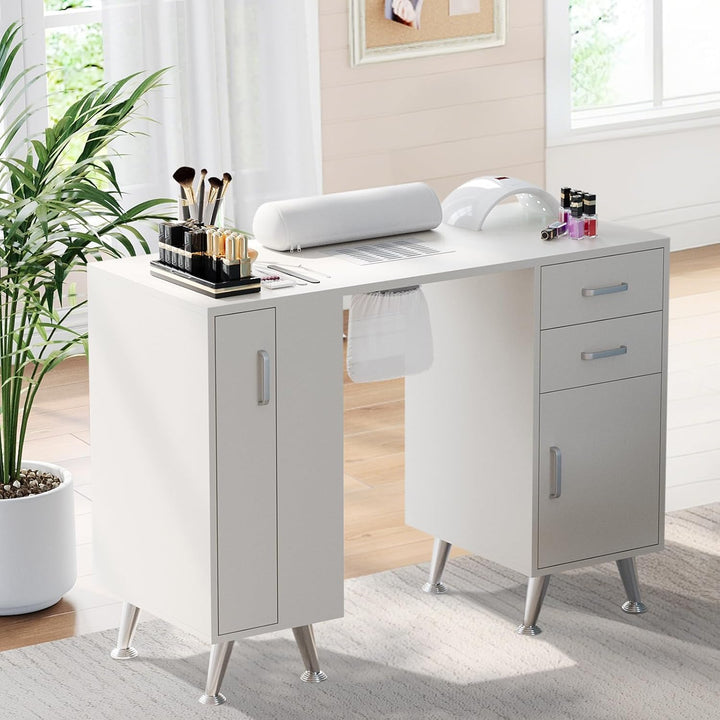 42'' Manicure Table for Nail Tech with Electric Dust Collector and Wrist Rest, Nail Desk with Vertical Pull-Out Locker, 1 Storage Cabinet, 2 Drawers, 4-Tiers Open Shelves, Beauty Salon Workstation