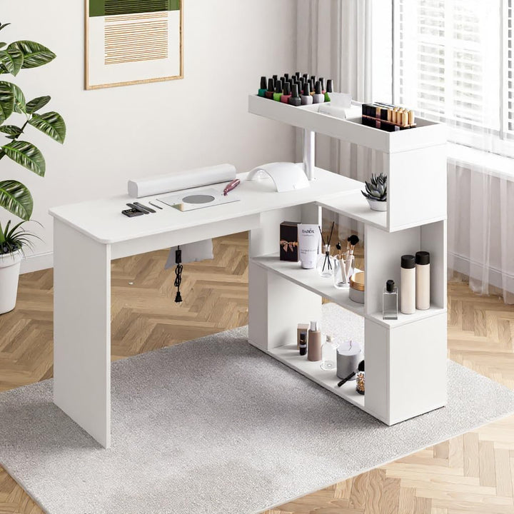 Manicure Table, L-Shaped Nail Tech Desk with Dust Collector, Reversible Rotating Table & Storage Shelf, Acetone Resistant Beauty Salon Station, White