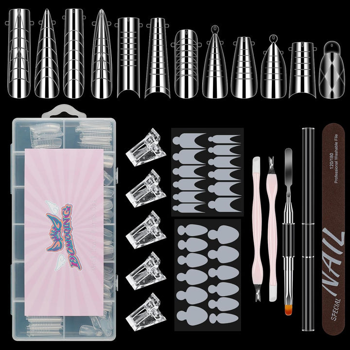 Nail Dual Forms for Poly Gel Set, 12 Styles 12 Sizes Nail Mold Extension Forms, 144Pcs Full Cover False Nail Tips, Duet System with 5Pcs Nail Clips Nail Brush Nail Files Cuticle Trimmer
