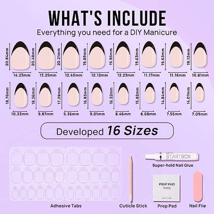 French Tip Press on Nails Almond - Black Press on Nails Short, Glue on Nails for Women Gift, Supremely Fit Natural Reusable Stick on Nails in 16 Sizes - 32 Fake Nails Kit, Black French